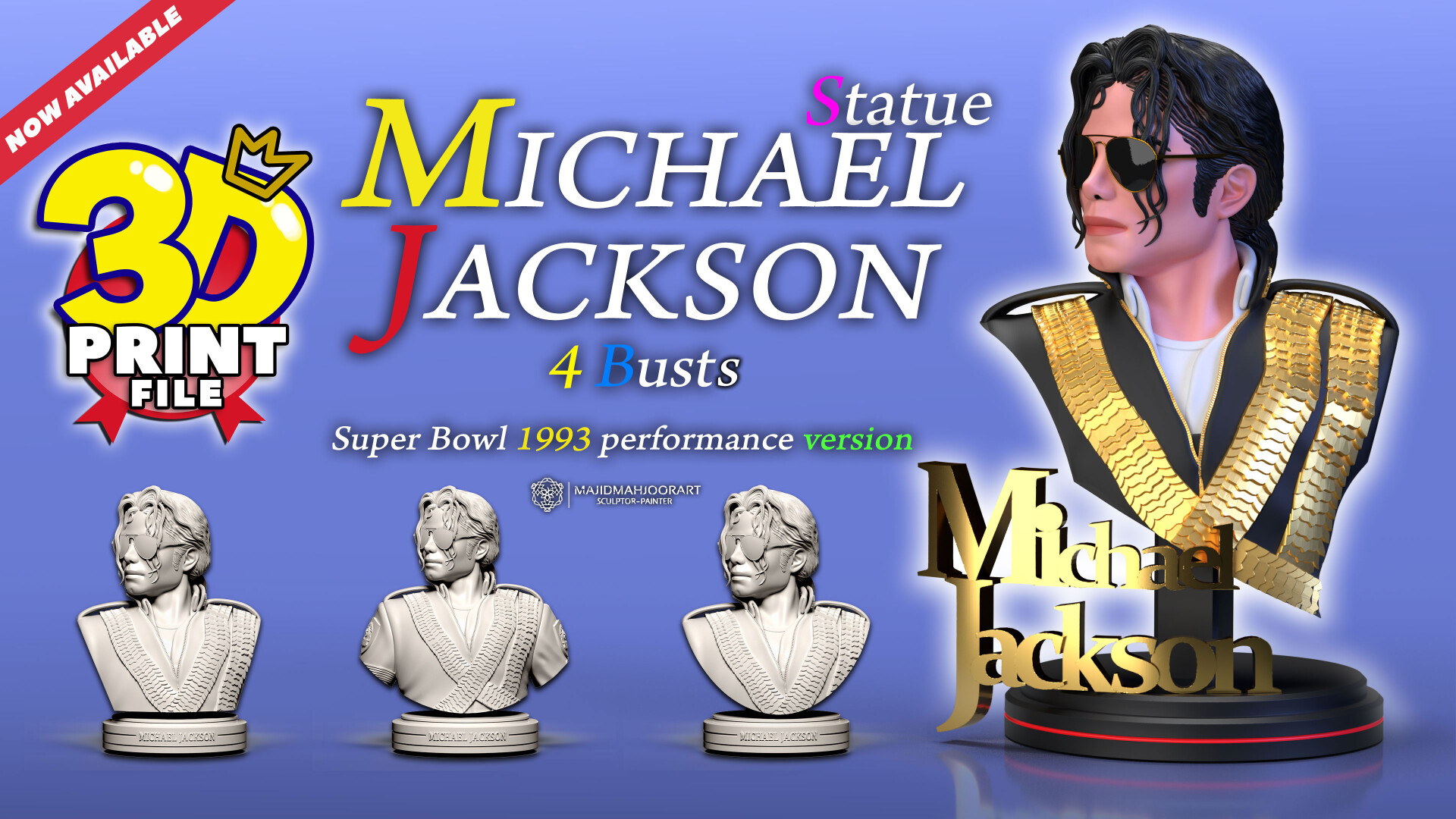 Michael Jackson 3D model 3d print stl files - 4 different busts - تصویر 13752