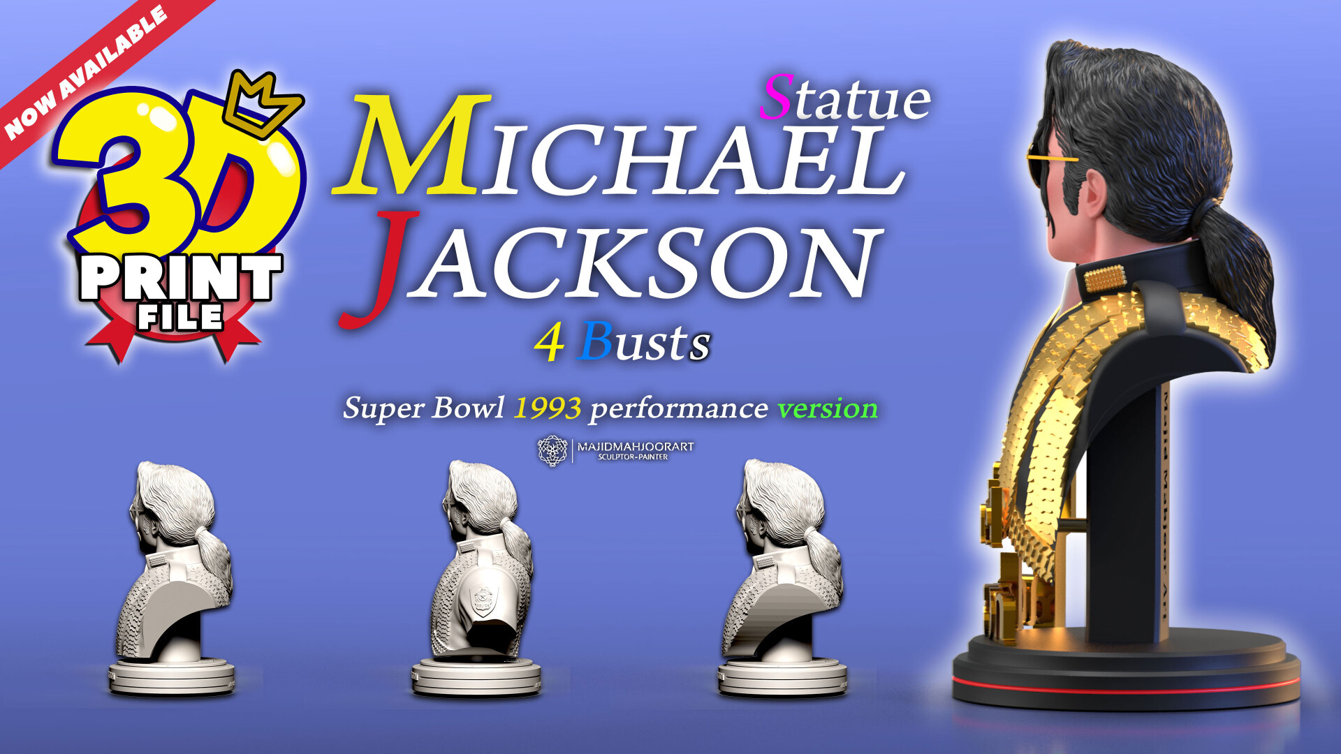 Michael Jackson 3D model 3d print stl files - 4 different busts - تصویر 13754