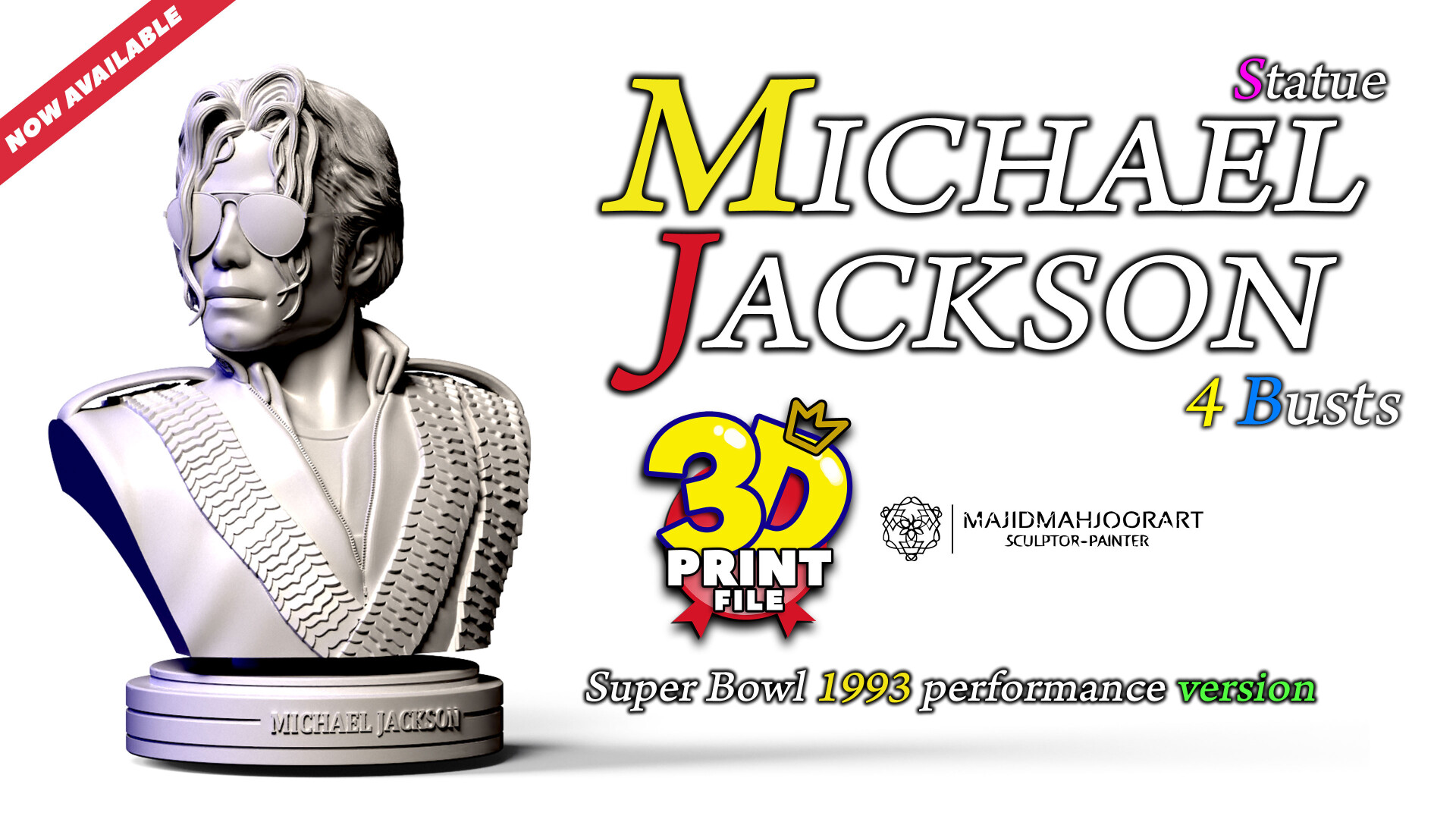 Michael Jackson 3D model 3d print stl files - 4 different busts - تصویر 13755
