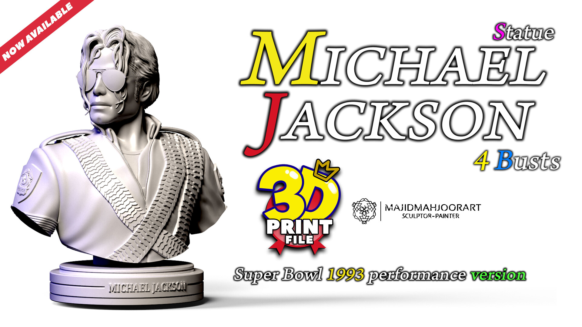Michael Jackson 3D model 3d print stl files - 4 different busts - تصویر 13757